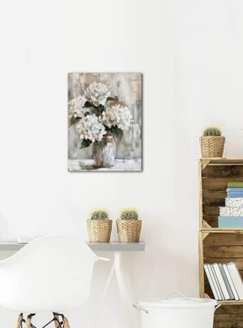 White Hydrangea Bathroom Wall Art Canvas Print 12x15 Inches Retro Farmhouse Style Floral Artwork for Bedroom Living Room Office Decor