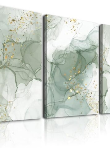 Sage Green Wall Art Set of 3,Abstract Green Wall Decor Living Room,Minimalist Modern Framed Wall Art Marble Line Beige Gold Green Canvas Artwork Paintings,Boho Room Decor,Bedroom Bathroom Office Artwork,12"x16"