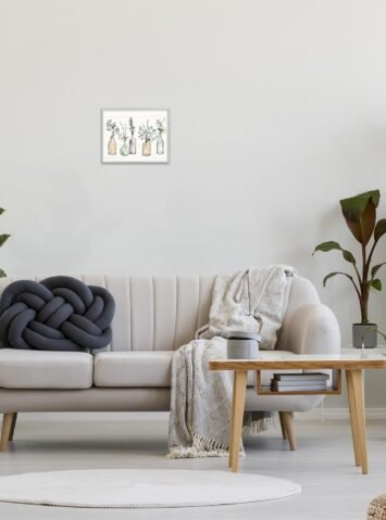 Bottles and Plants Farm Wood Textured, Design by  Wall Art, 11 x 14, Multi-Color for Living Room, Grey Framed