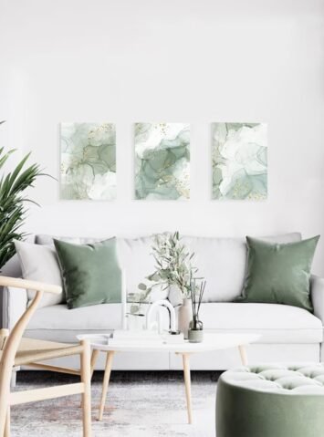 Sage Green Wall Art Set of 3,Abstract Green Wall Decor Living Room,Minimalist Modern Framed Wall Art Marble Line Beige Gold Green Canvas Artwork Paintings,Boho Room Decor,Bedroom Bathroom Office Artwork,12"x16"