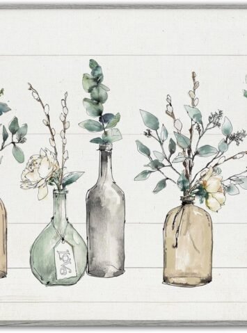 Bottles and Plants Farm Wood Textured, Design by  Wall Art, 11 x 14, Multi-Color for Living Room, Grey Framed