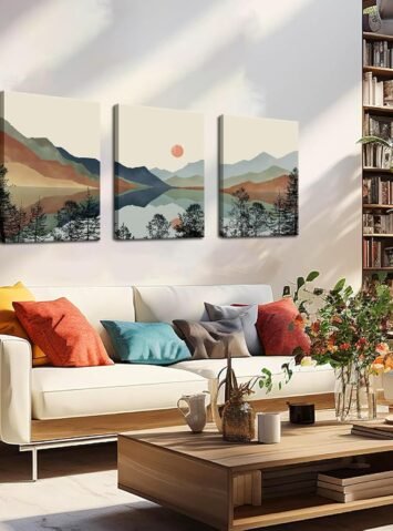 Framed Mountain Canvas Wall Art Set of 3, Boho Watercolor Poster Prints Painting, Sun Forest Abstract Nature Landscape Artwork Wall Decor for Living Room, Bedroom, Office 12x16 In