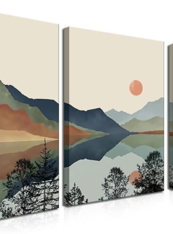 Framed Mountain Canvas Wall Art Set of 3, Boho Watercolor Poster Prints Painting, Sun Forest Abstract Nature Landscape Artwork Wall Decor for Living Room, Bedroom, Office 12x16 In