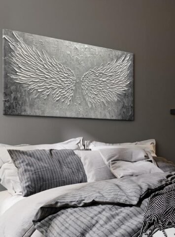 Wall Art with Canvas Hand Painted Wings, Grey and White Heavy Texture Oil Painting Wall Decor, Modern Painting Artwork for Wall for Living Room Bedroom Office Home Decor(48" Wx24 L)